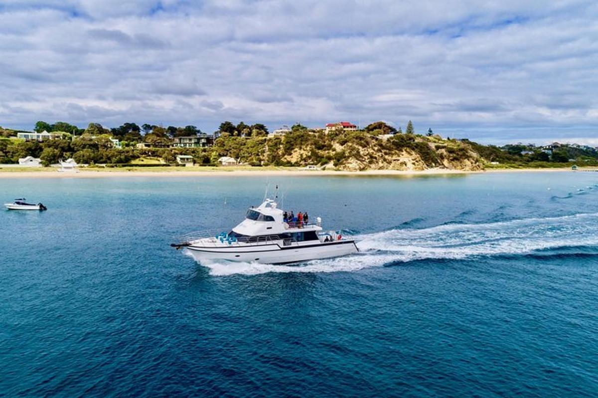 a boat in the water with an island in the background