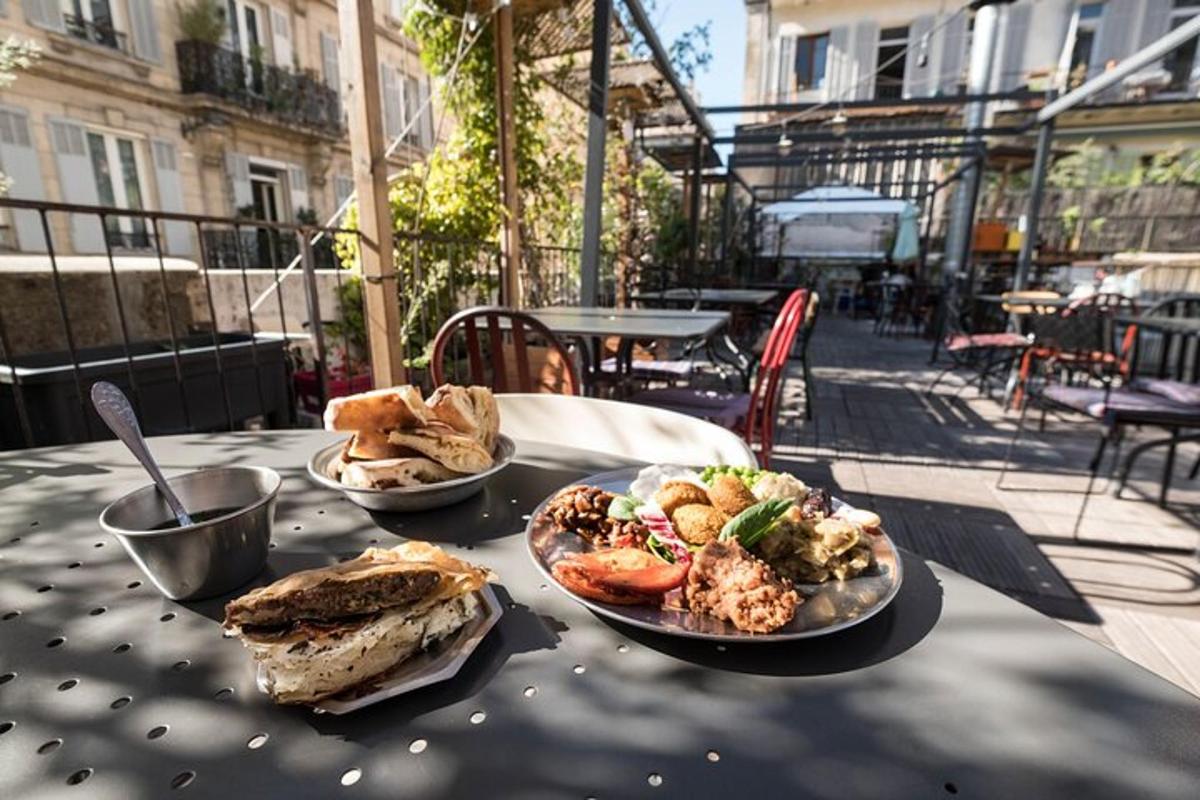 a table with two plates of food on it