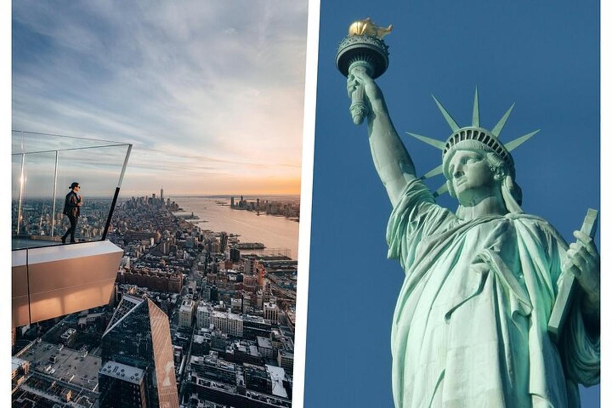 a man standing on top of the statue of liberty