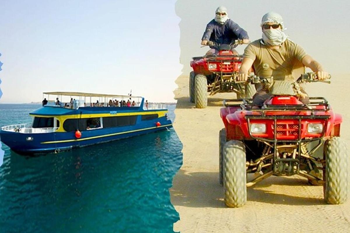 twee mannen op quads en een boot op het strand