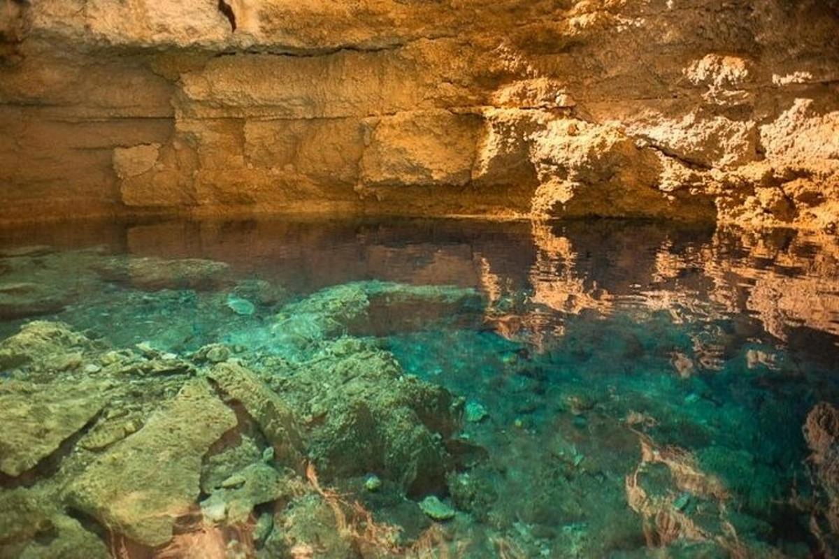 una pozza d'acqua accanto a una grotta rocciosa