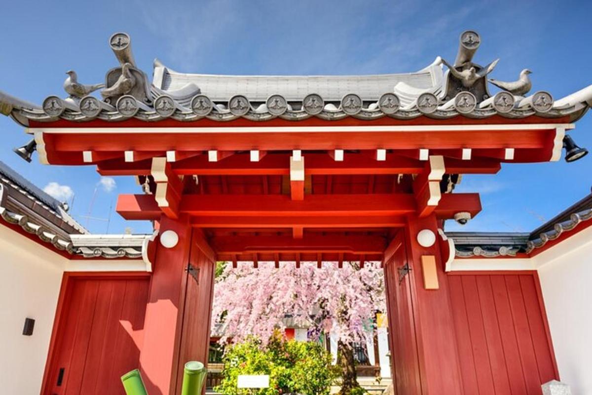 一栋建筑的红色大门，门上有一棵开花的树
