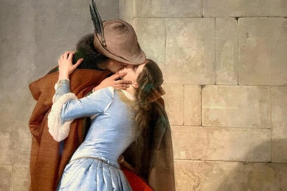 a painting of a woman kissing a man