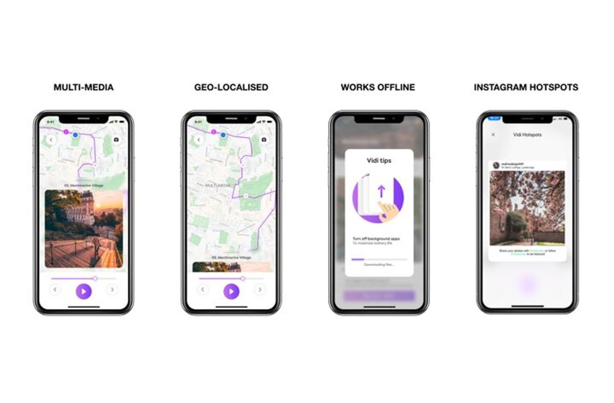 Una imagen de cuatro iPhones con diferentes aplicaciones.