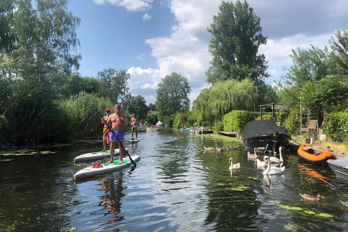 skupina lidí na paddleboardech na řece