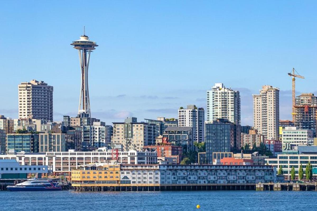 a city skyline with a view of the water