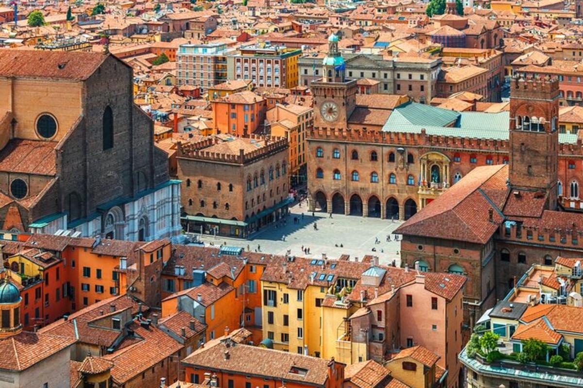 an aerial view of a city with a clock tower