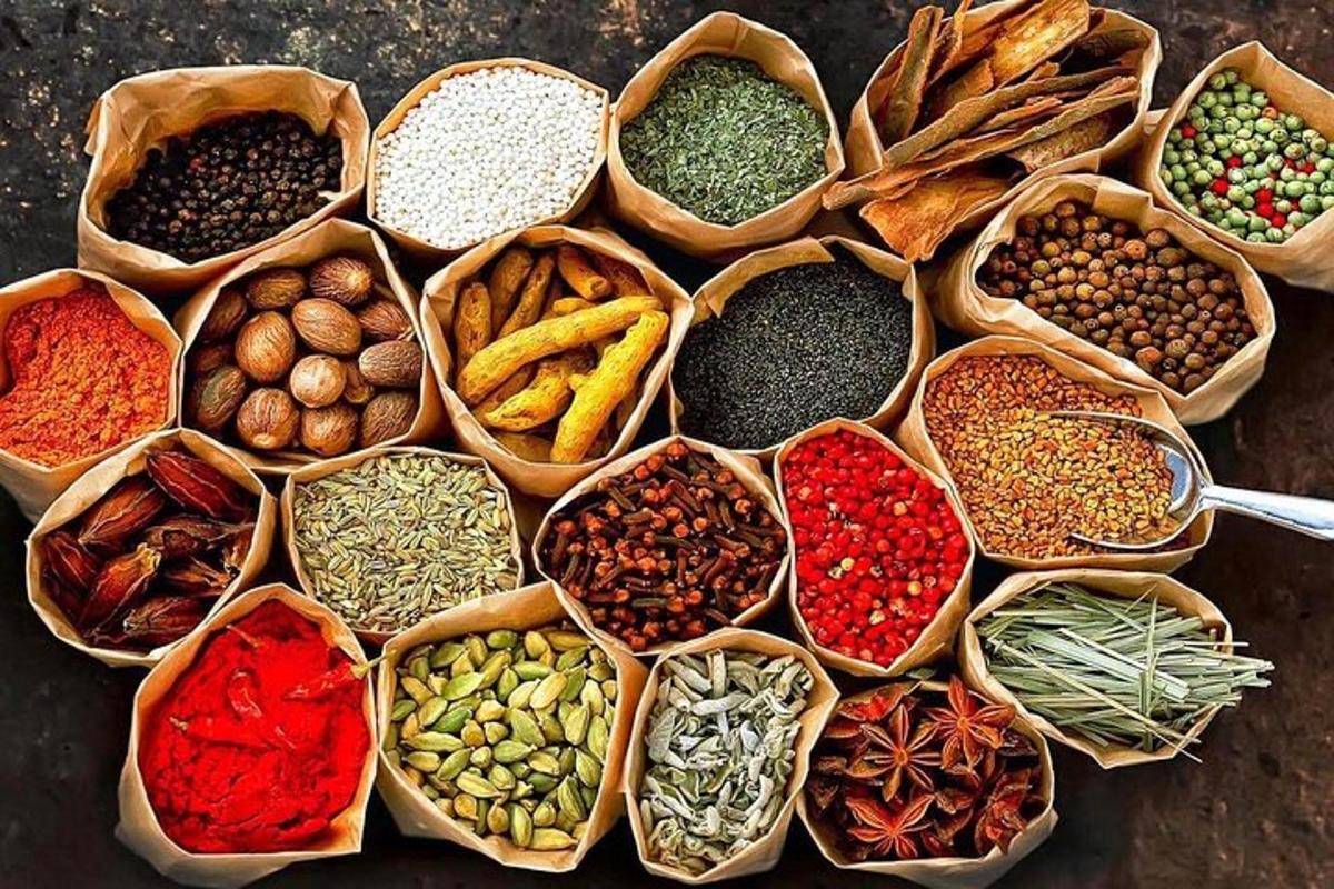 a display of different types of spices and vegetables