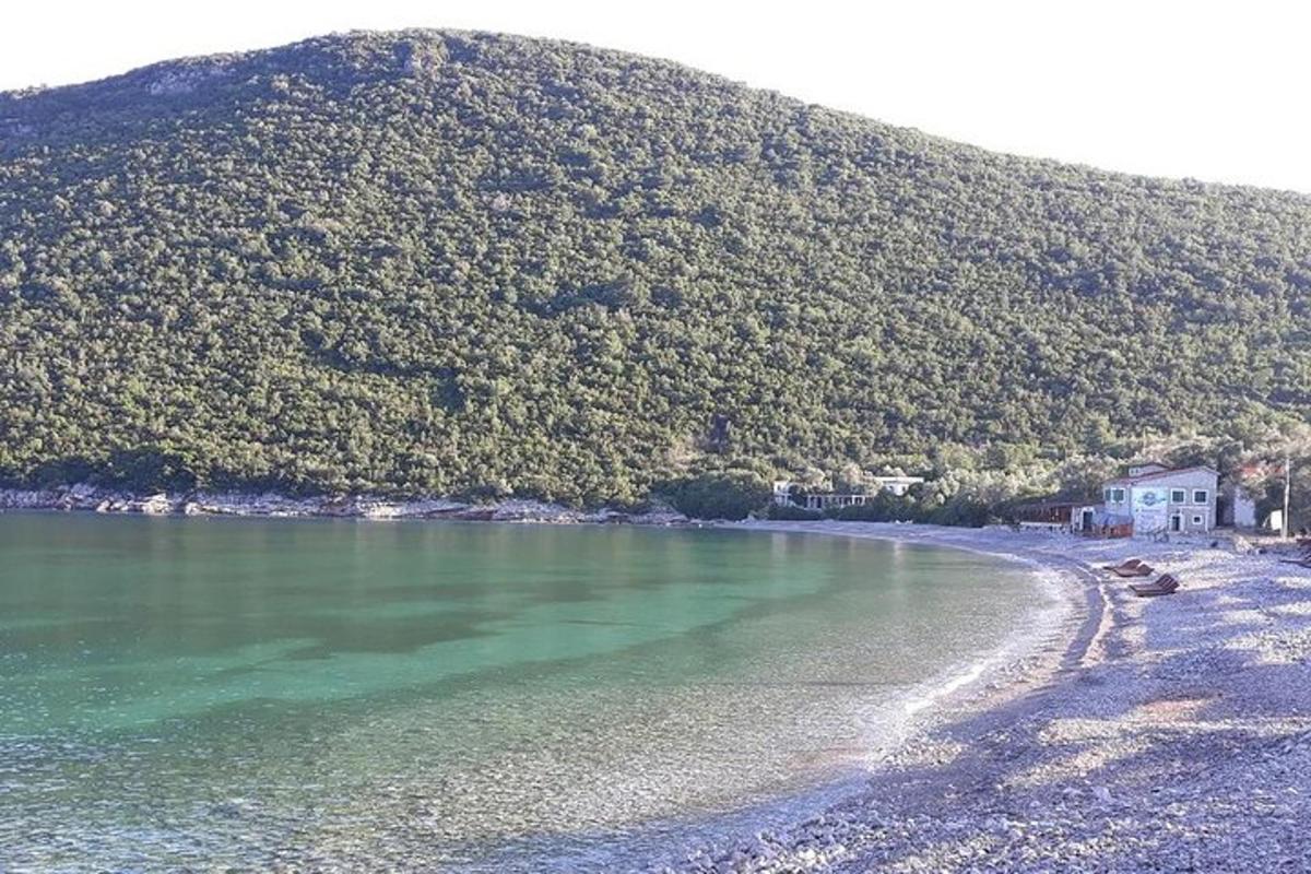 útsýni yfir strönd með fjall í bakgrunni