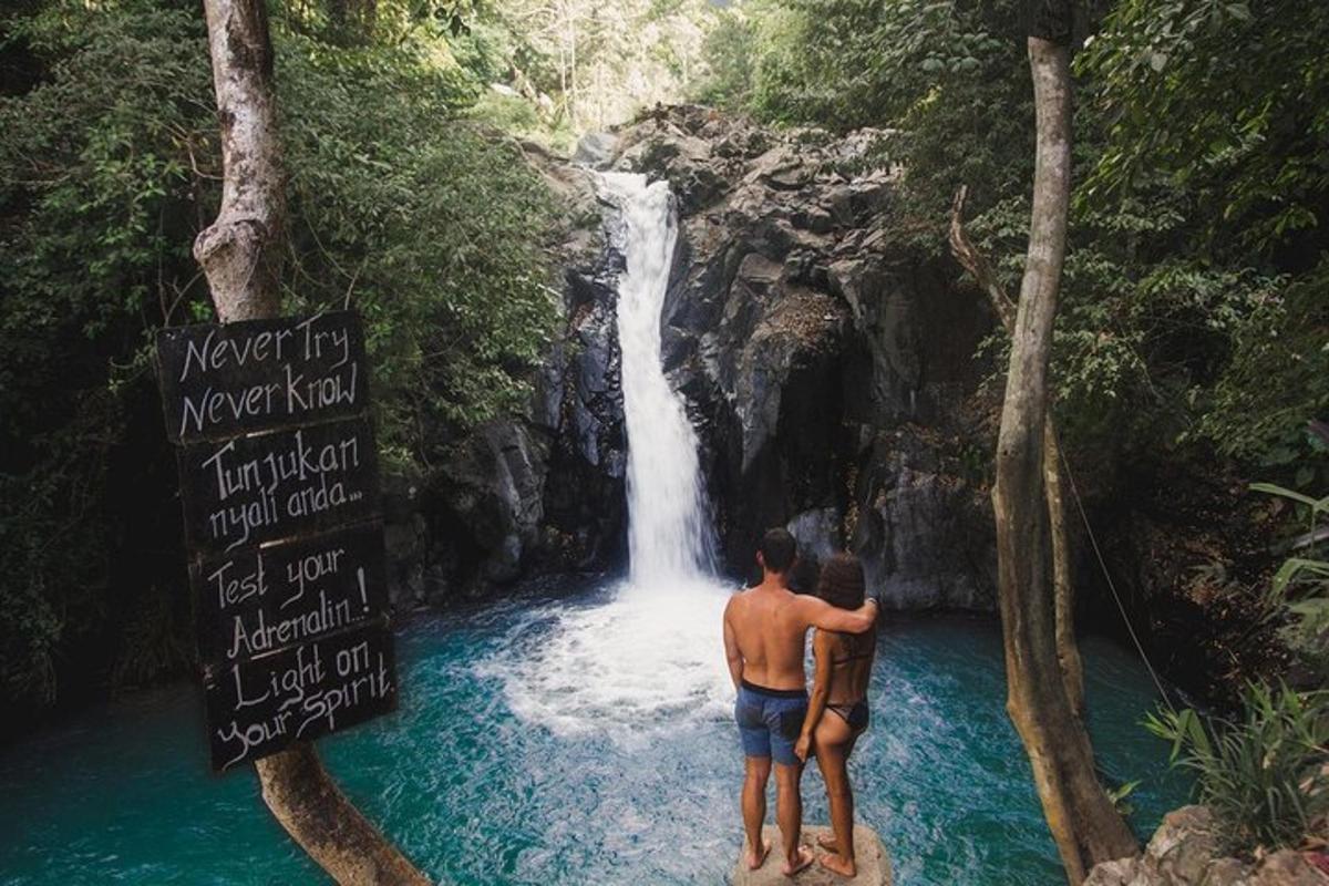 two people standing in front of a waterfall