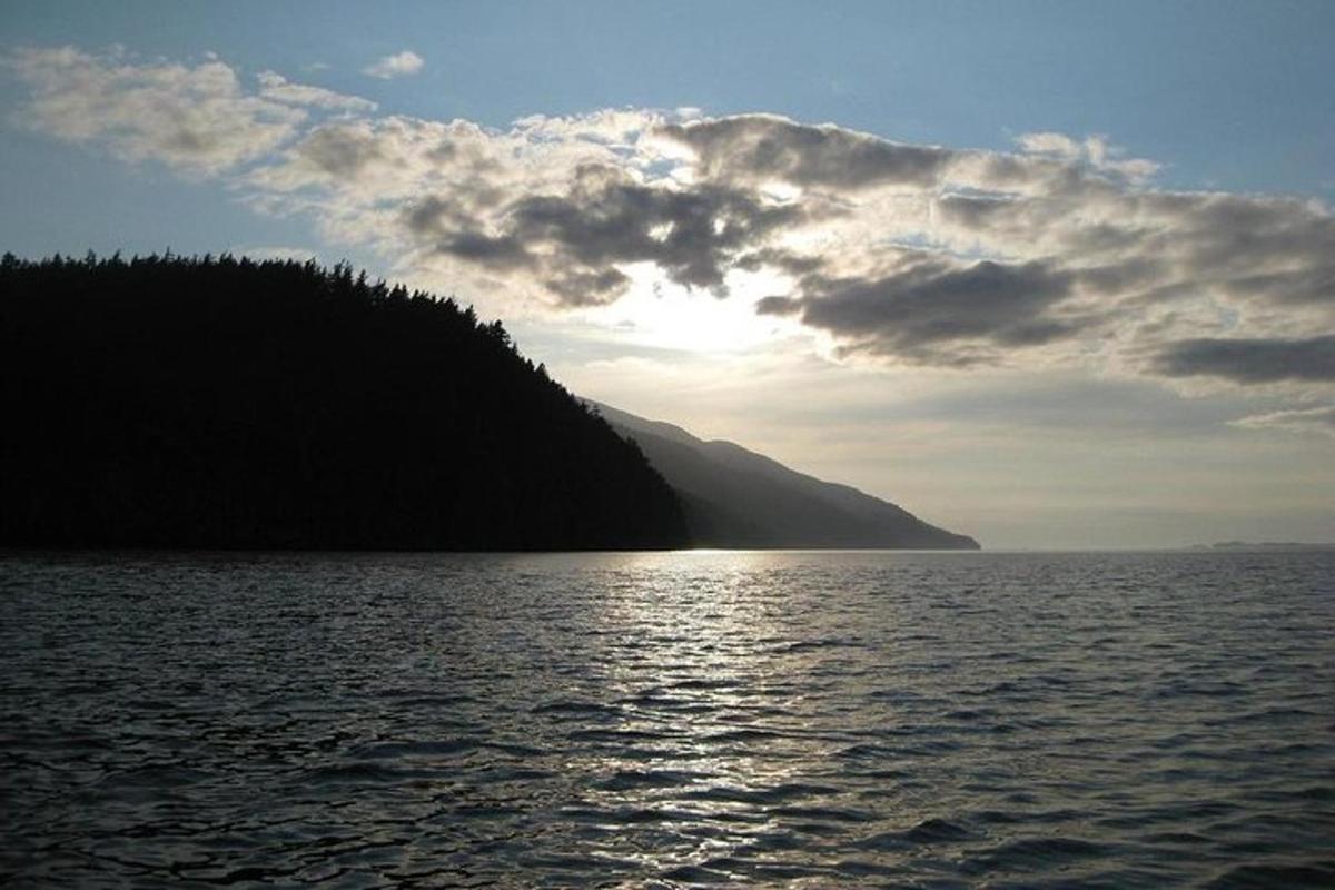 a view of a body of water with the sun shining