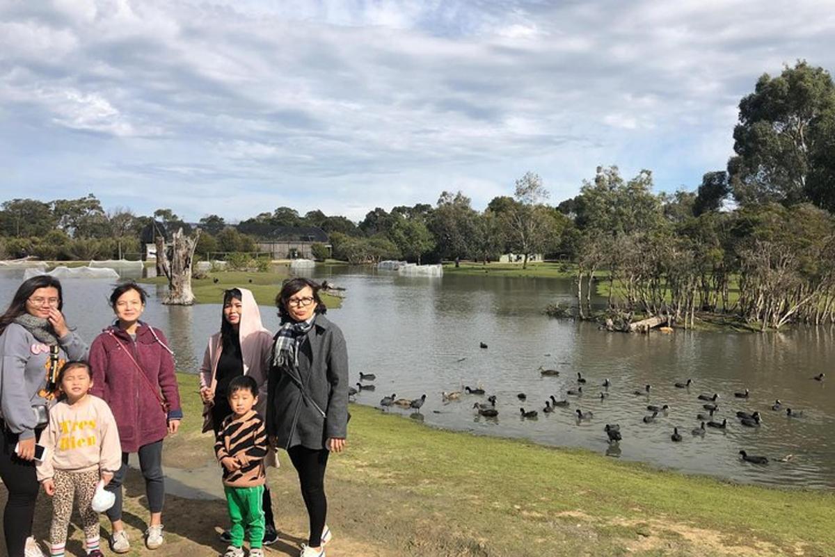 Un grupo de personas de pie frente a un lago con patos.