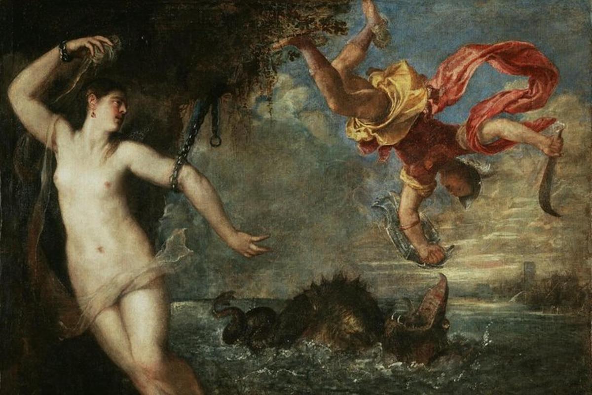 uma pintura de dois homens em uma pintura de uma mitologia