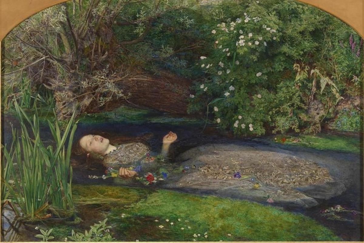 a painting of a man laying in a stream in a garden