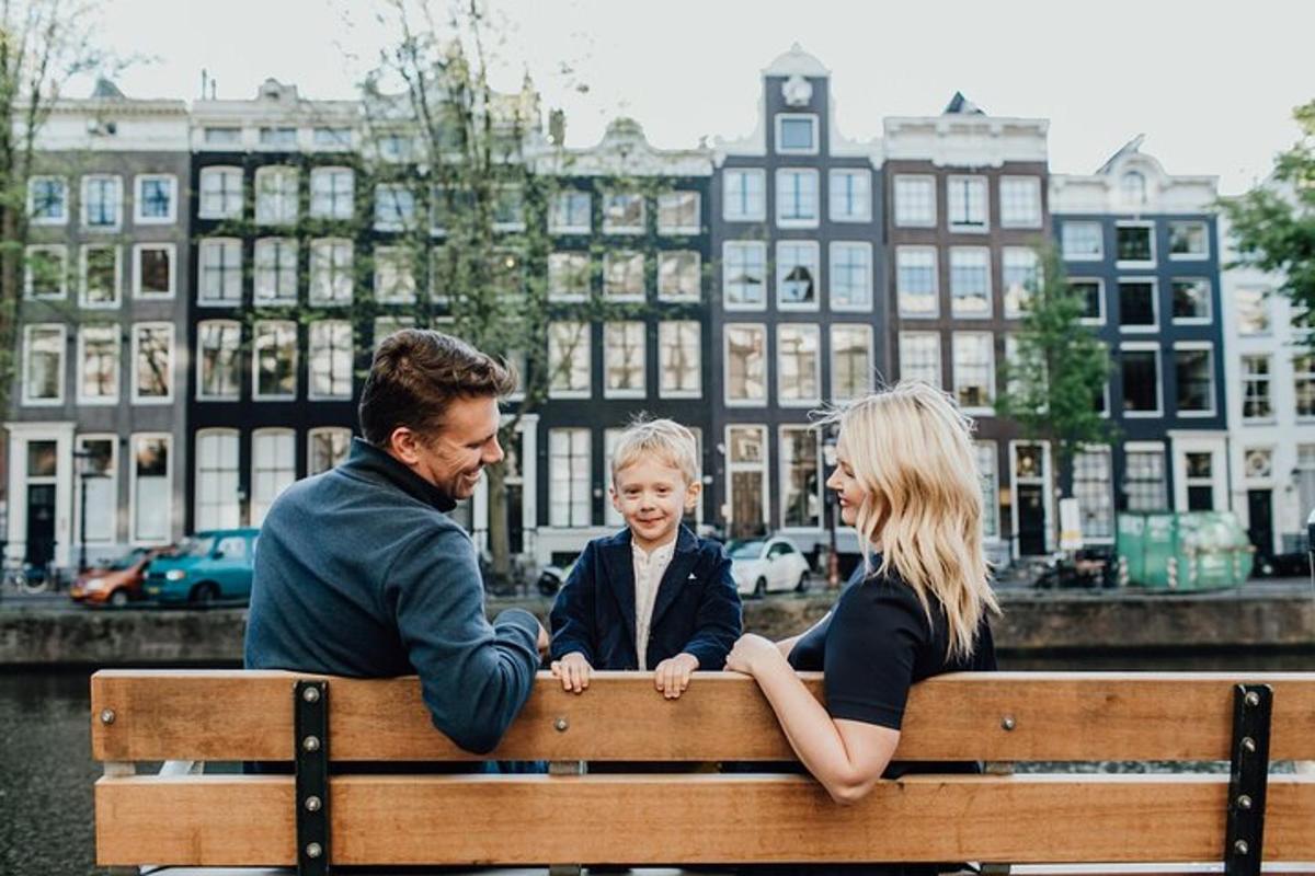 a couple and a child sitting on a bench