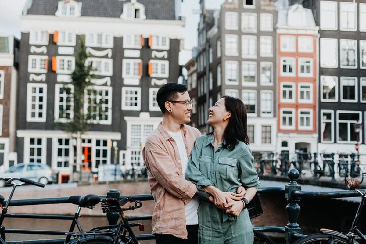 a man and woman standing next to each other in a city