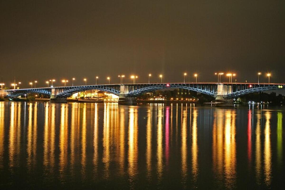 uma ponte sobre a água à noite com luzes