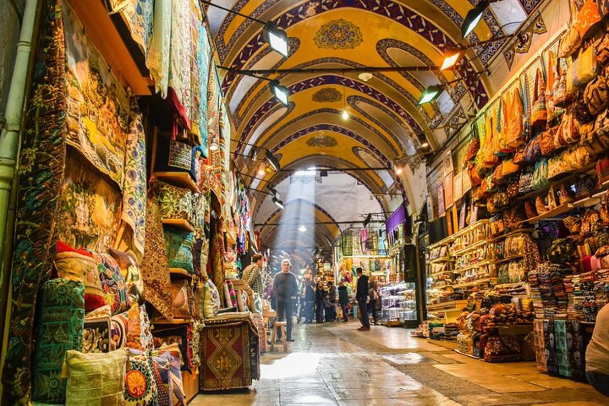 a view of a market with people walking through it