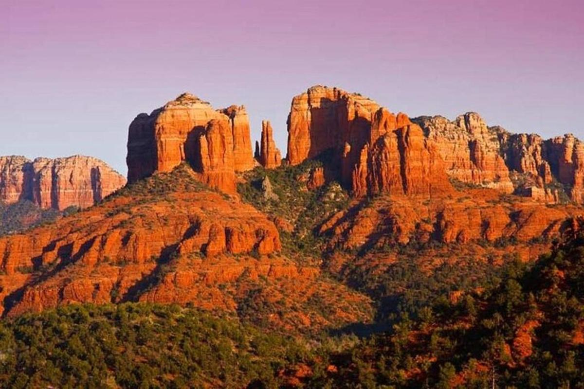 una vista di una montagna con alberi e rocce