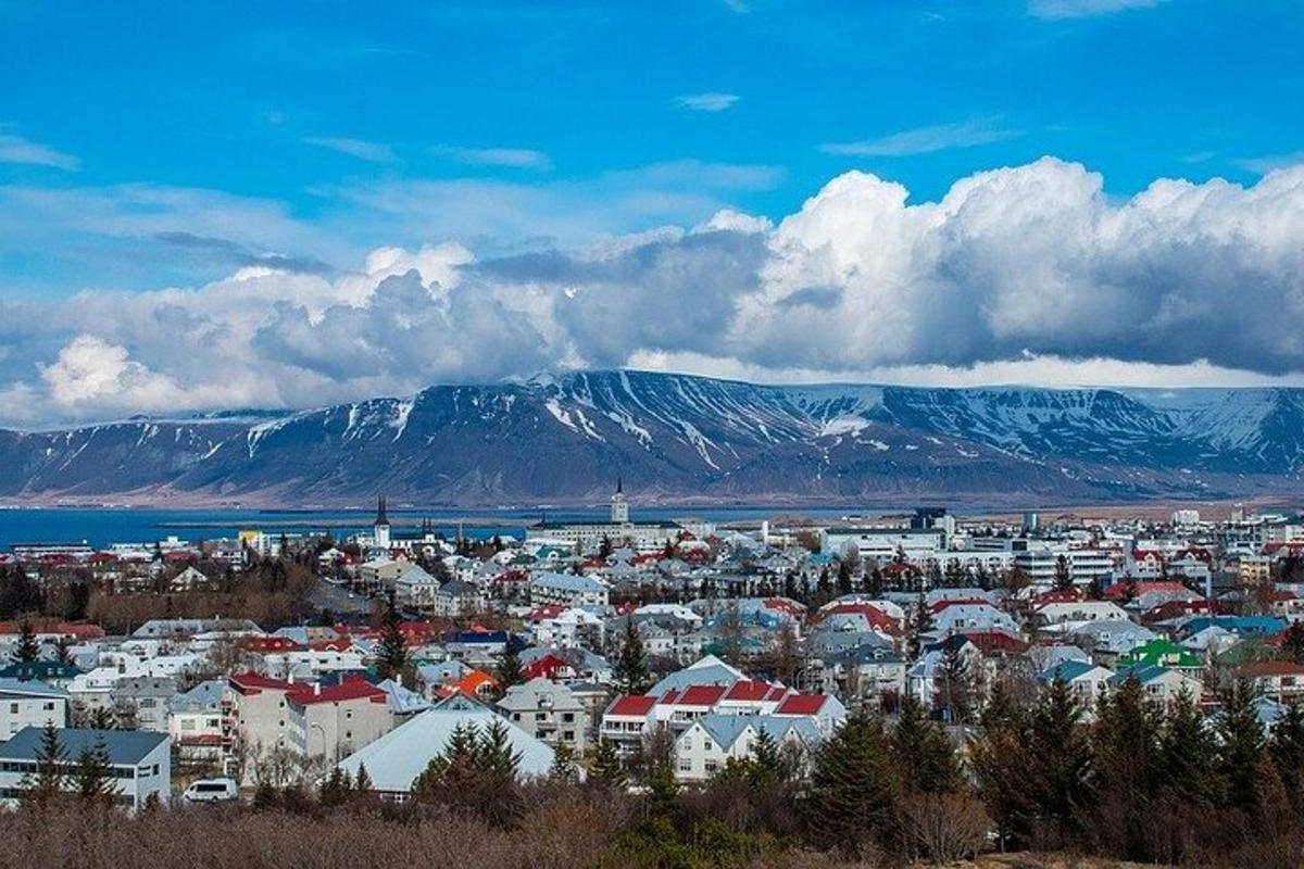 uma cidade com prédios e uma montanha ao fundo