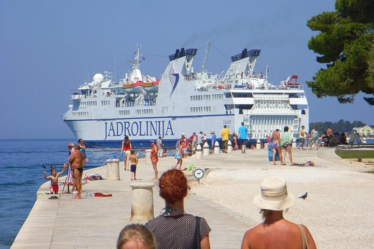 un gruppo di persone su una spiaggia con una nave da crociera