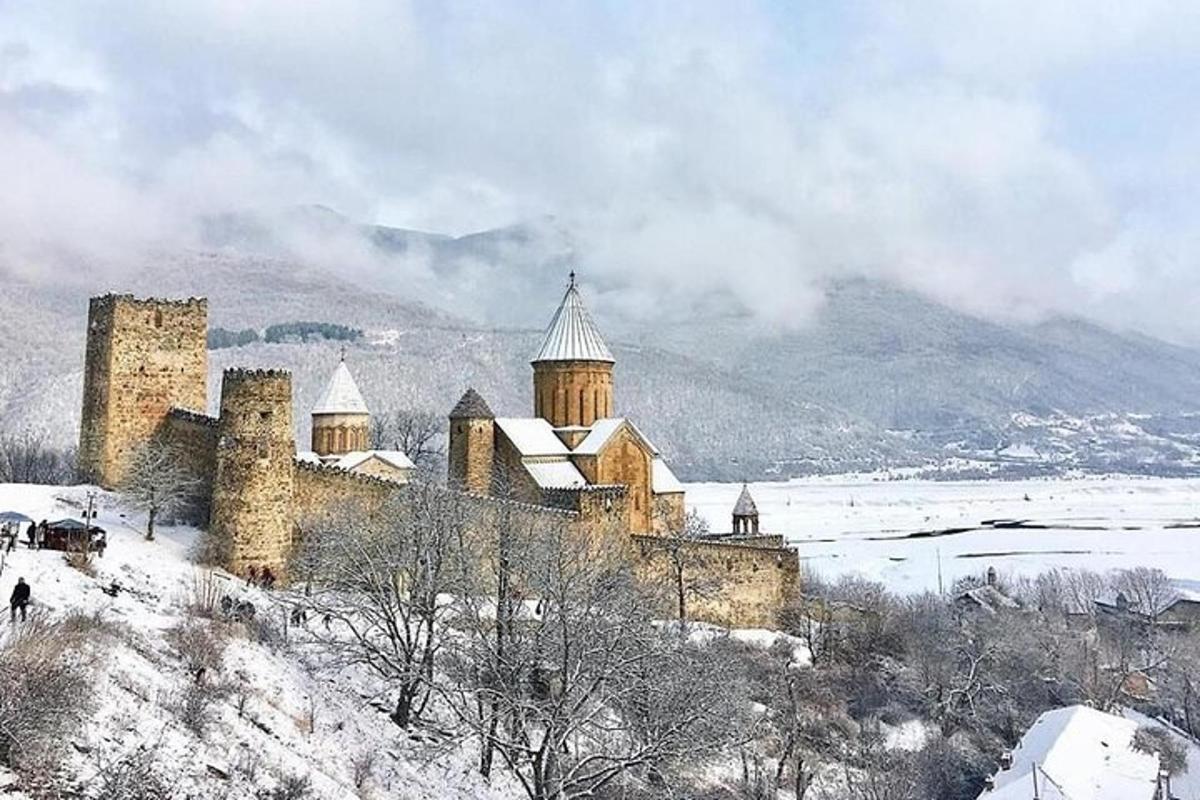 un castello su una collina con la neve sopra