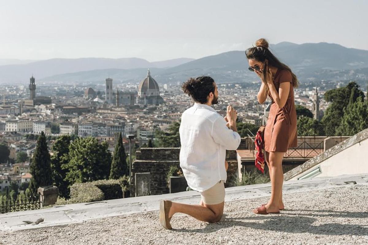 a man and a woman taking a picture of a city