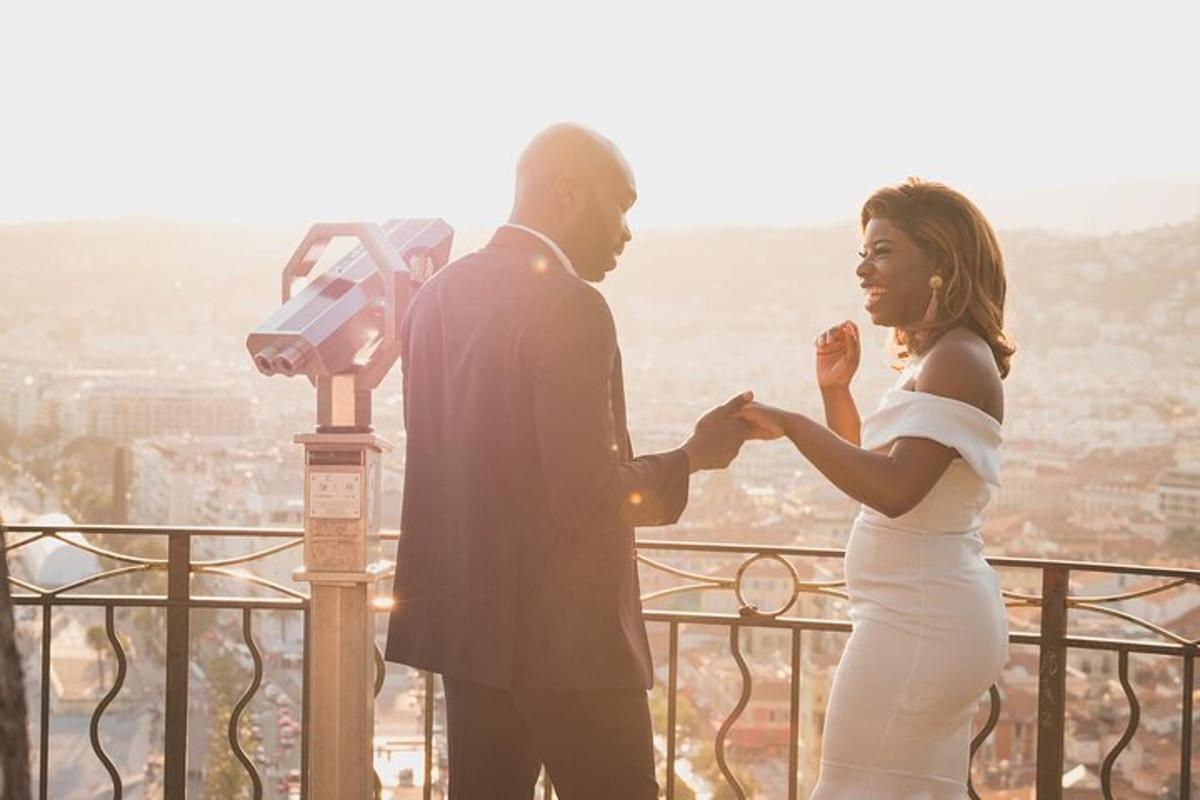 a bride and groom holding hands on top of a city