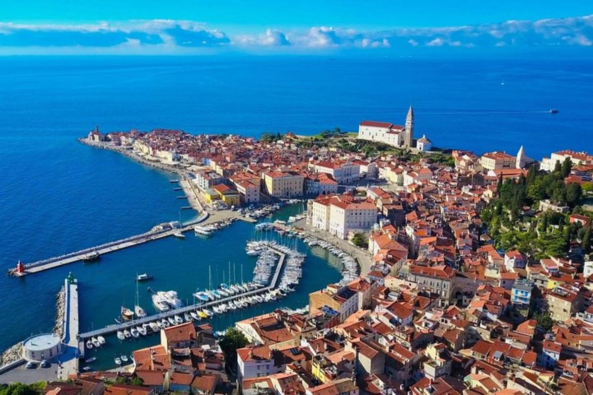 an aerial view of a city with a harbor