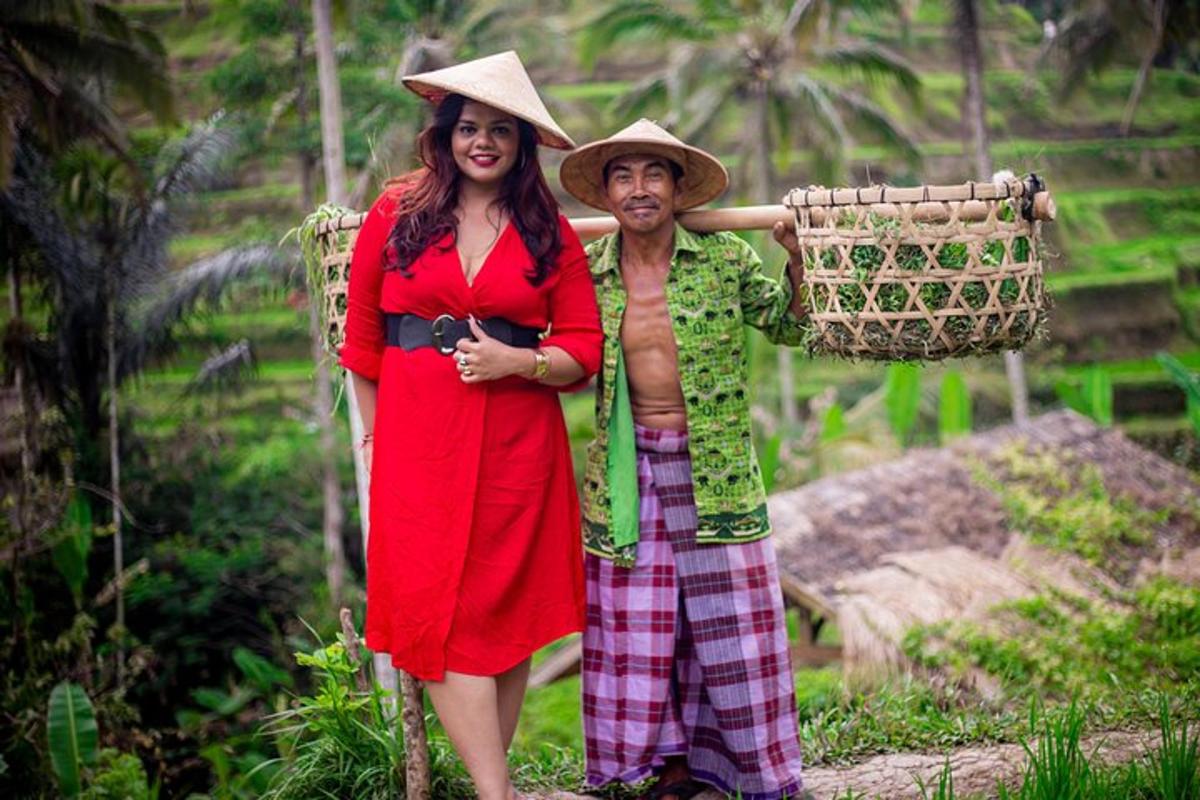 a man and woman standing next to each other holding a basket
