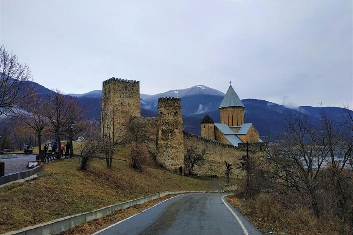 um castelo em uma colina ao lado de uma estrada