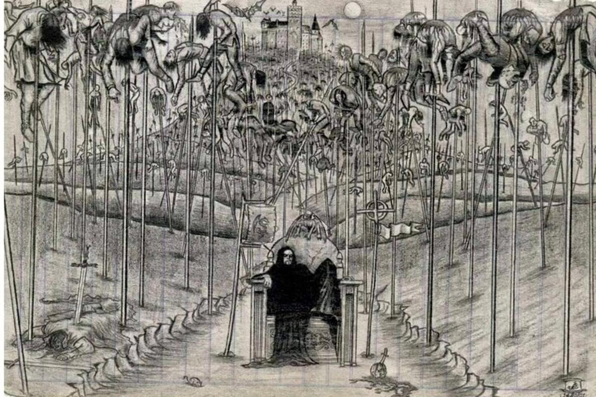 Un dibujo de una persona caminando a través de una puerta.