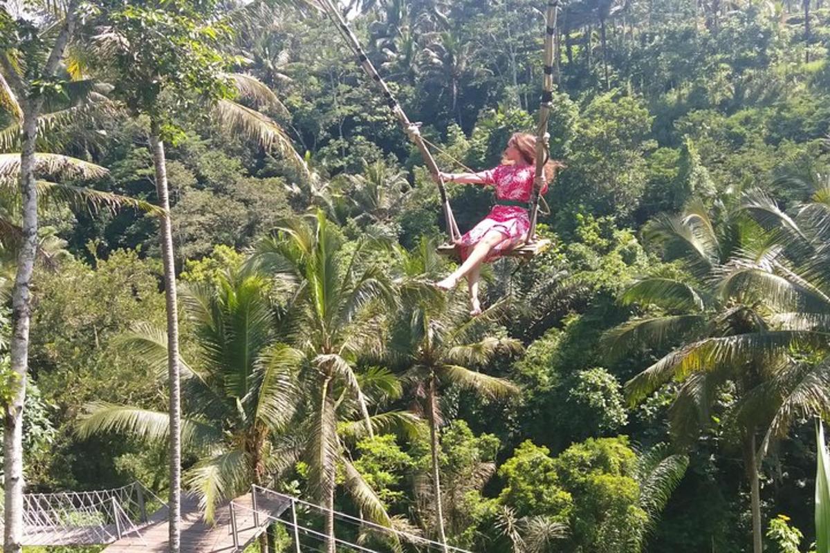 seorang gadis berayun pada garis zip di dalam hutan