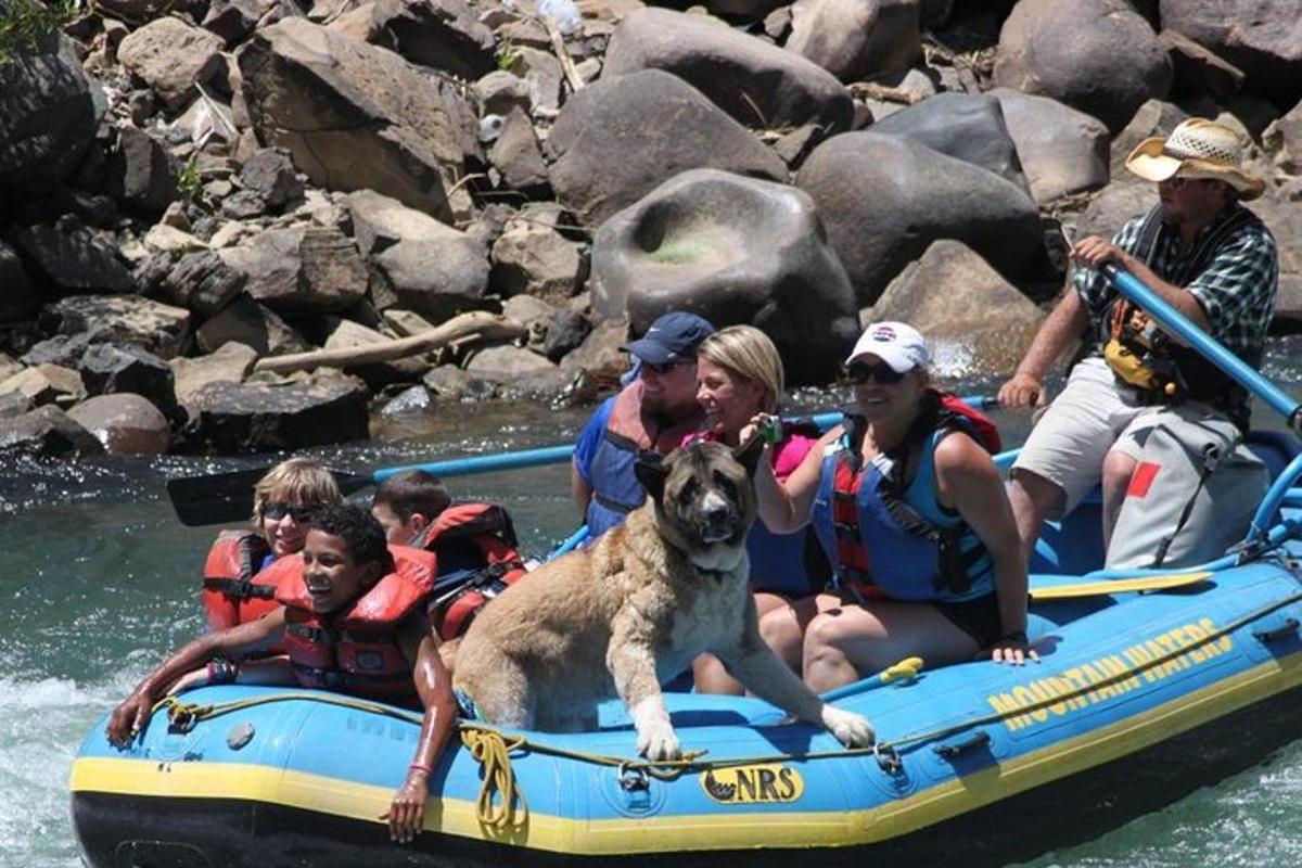 a group of people and a dog on a raft