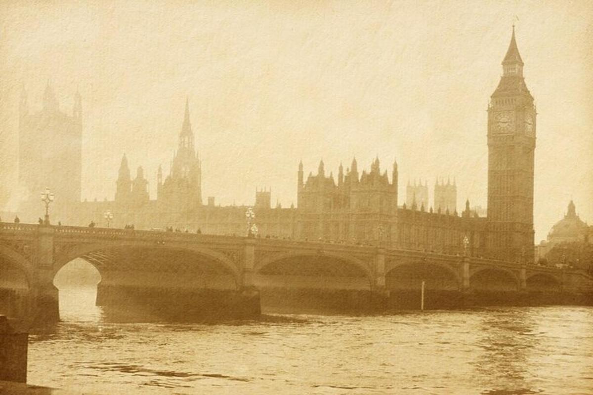 ein altes Bild einer Brücke und des Big Ben Uhrturms