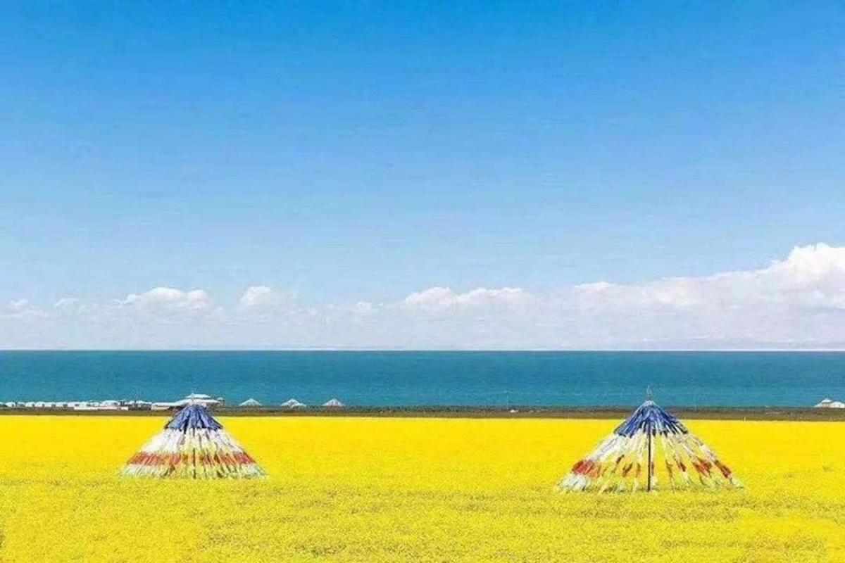 three straw umbrellas sitting on a yellow beach