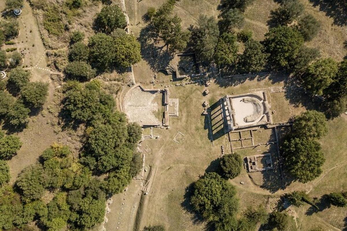 una vista aerea di un edificio in un campo con alberi