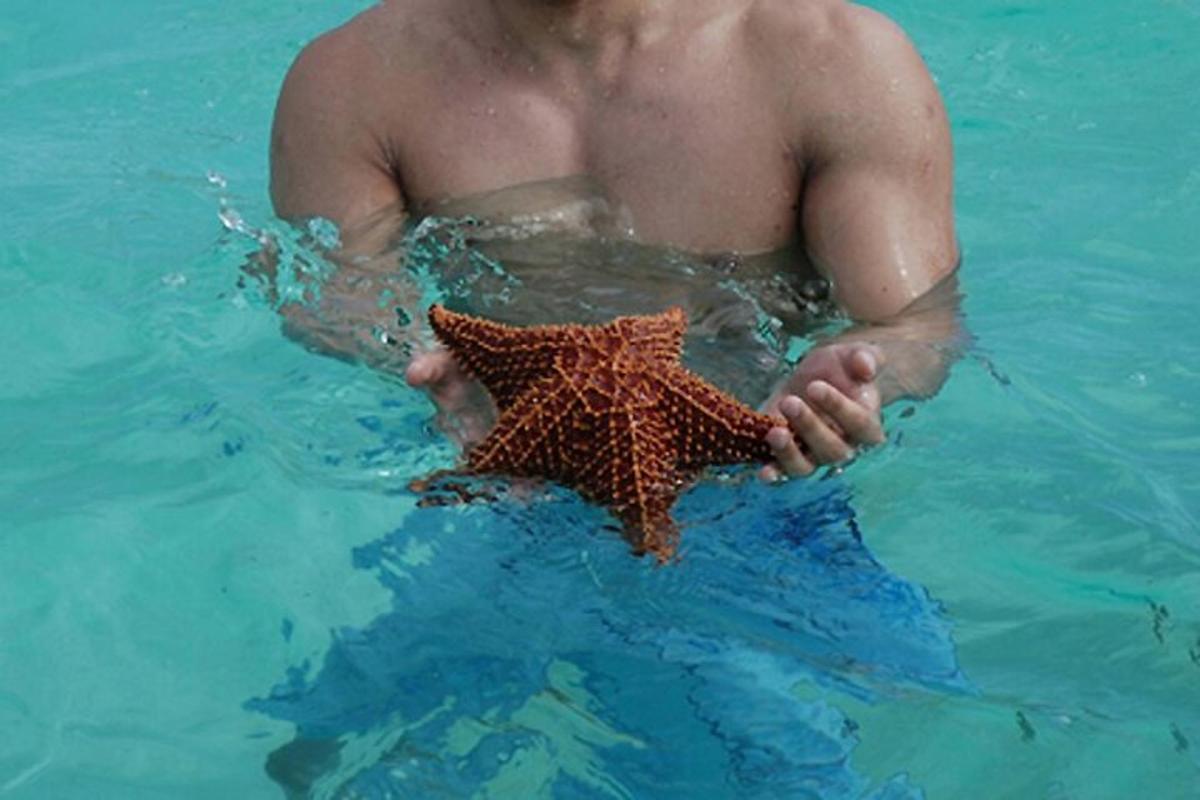a man in the water holding a starfish