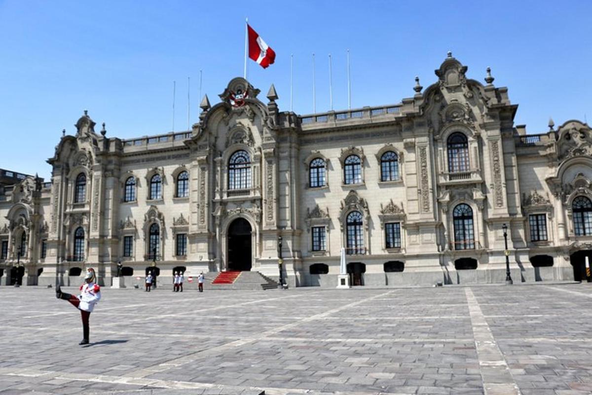 eine Frau steht mit einer Flagge vor einem großen Gebäude
