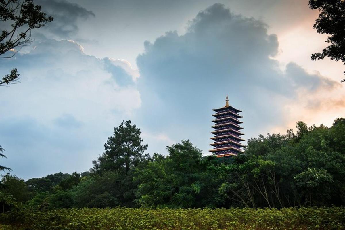 a pagoda in the middle of a field with trees