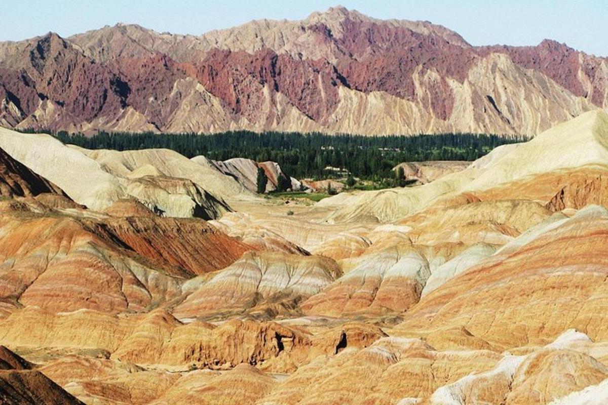 a painting of a desert with mountains in the background