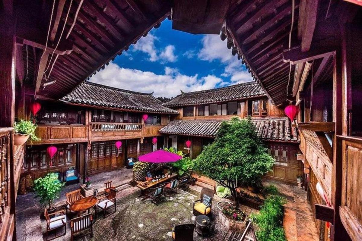 an overhead view of a courtyard in a building