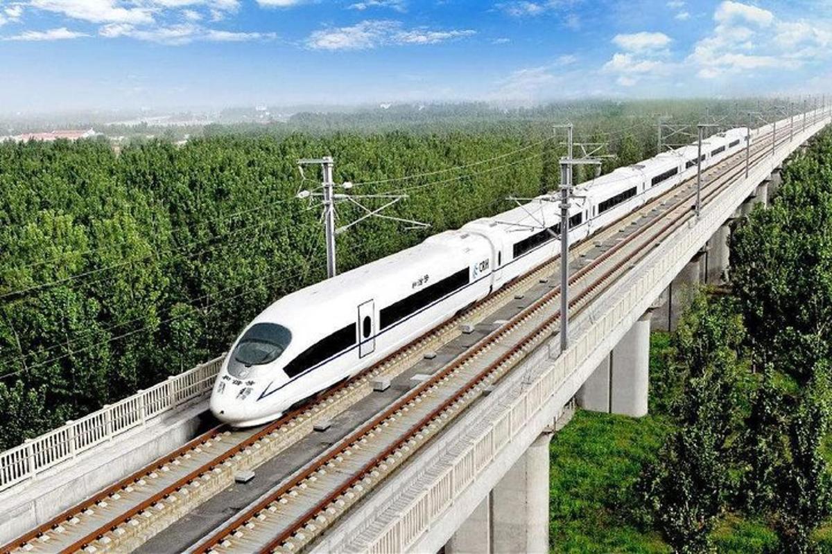 a white bullet train on a bridge with trees