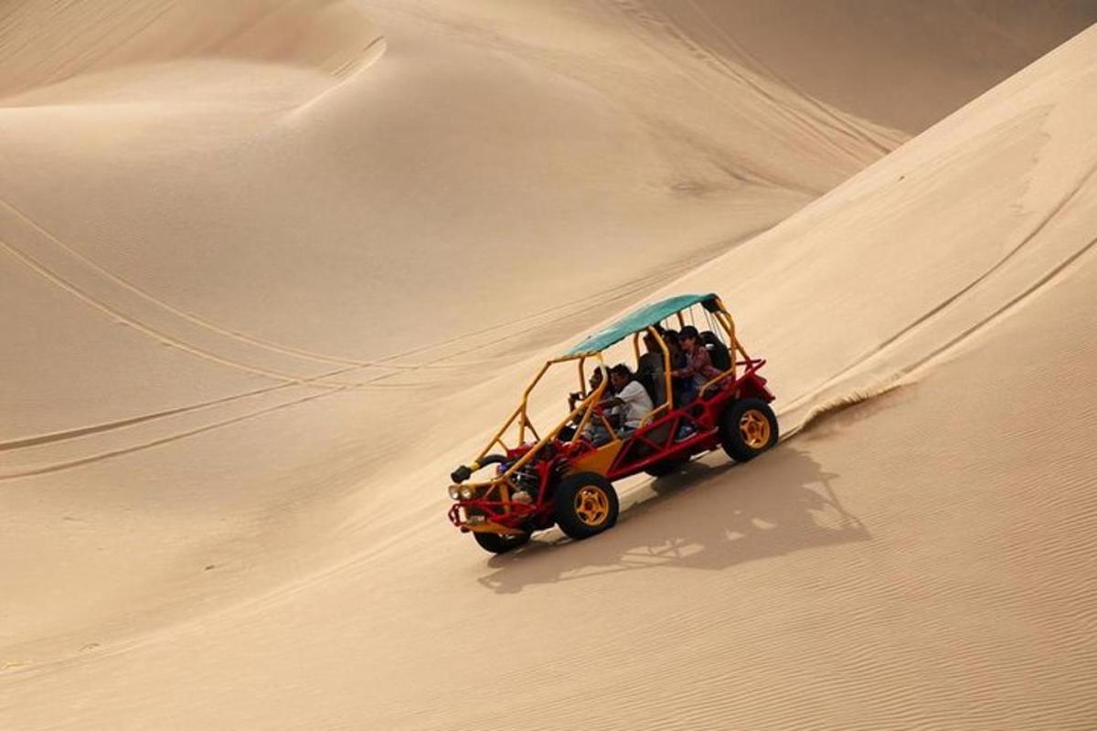 um grupo de pessoas viajando em um veículo no deserto