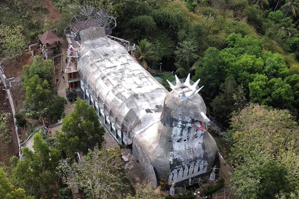 an aerial view of a train in the forest