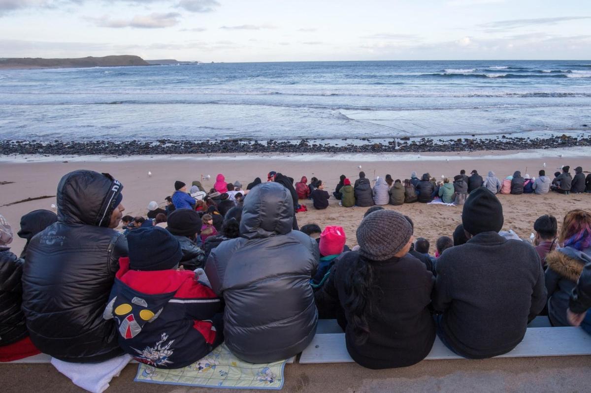 eine Gruppe von Menschen sitzt am Strand und schaut auf das Meer