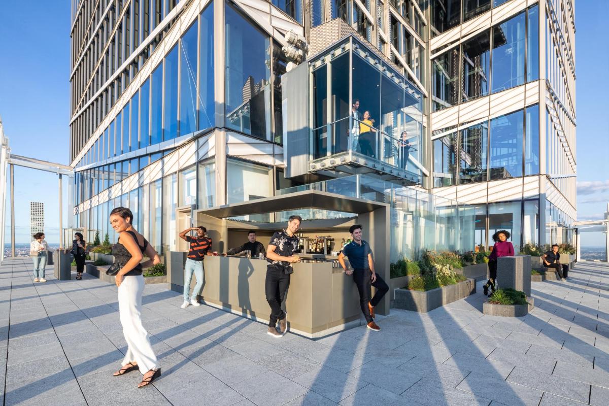 a rendering of people standing outside of a building
