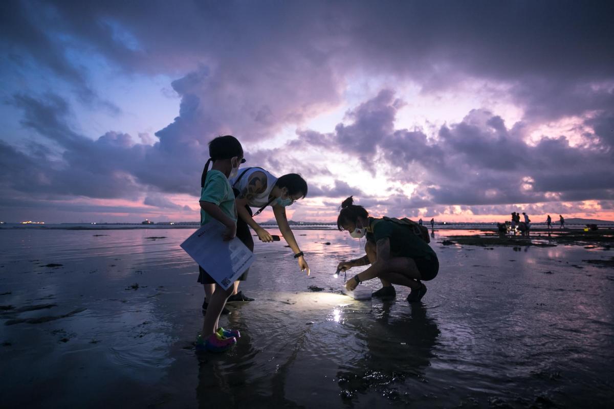 three people playing in the sand on the beach