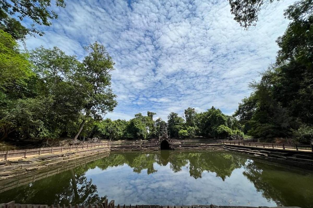 kolam di taman dengan pokok dan langit mendung