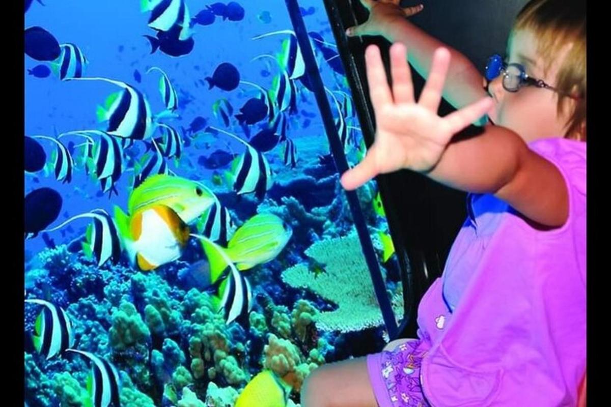 una bambina che saluta i pesci in un acquario